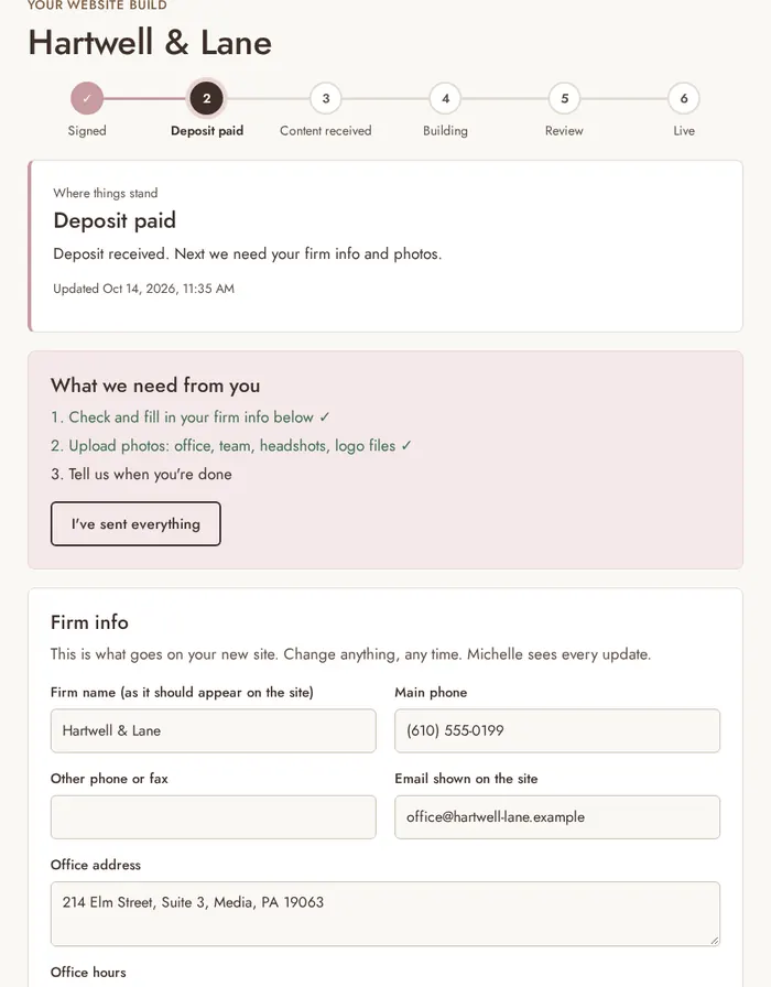 Client portal dashboard with a six-step progress tracker and a list of what the client needs to send, shown with sample data