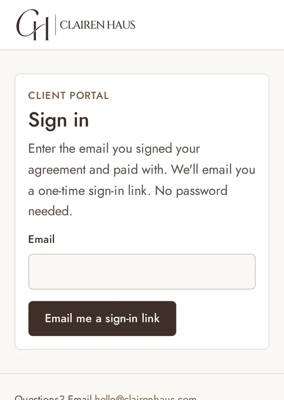 Clairen Haus portal sign-in page on a phone, asking for the client’s email address