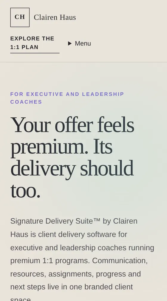 Signature Delivery Suite product site on a phone, with the headline about premium coaching delivery