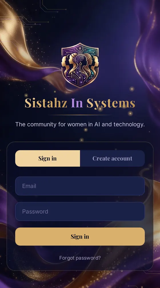 Sistahz In Systems sign-in screen on a phone, with the community crest and a navy, violet and gold background