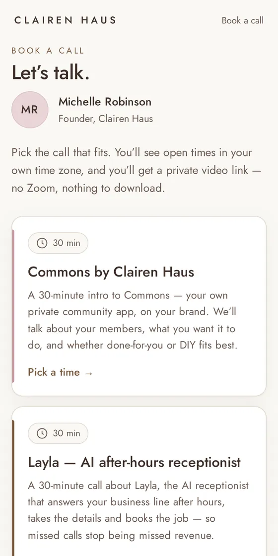 The live Clairen Haus booking page on a phone